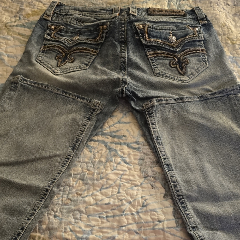 Rock Revival Light Blue Boot Cut Jeans with Embellished Pockets